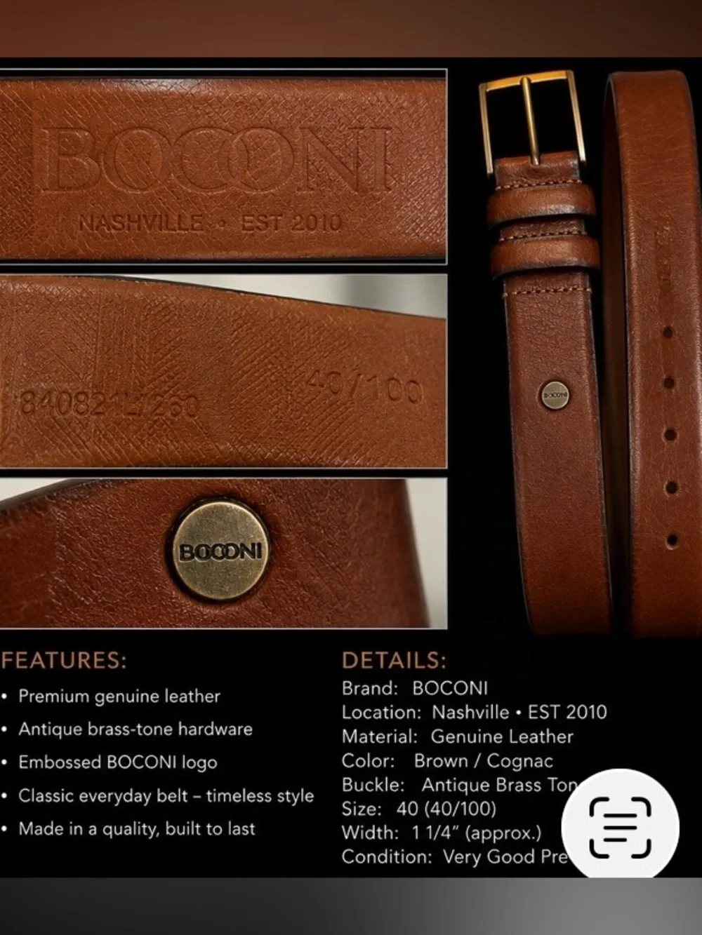 BOCONI Men’s size 40 leather belt. Gold buckle. Cognac color EUC